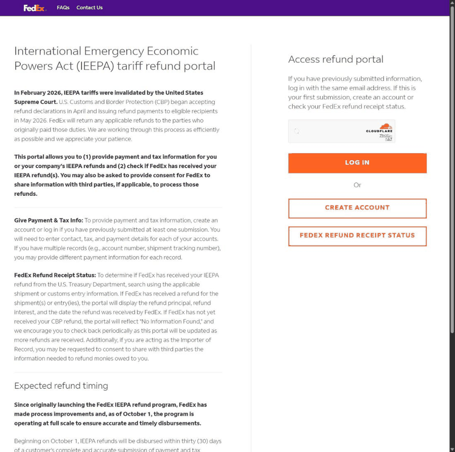 FedExの返金ポータルの入口の画面。右側にLOG IN、CREATE ACCOUNT、FEDEX REFUND RECEIPT STATUSの3つのボタンが並んでいる