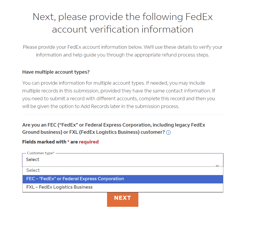 Customer typeのプルダウンを開いた画面。FEC(FedEx or Federal Express Corporation)とFXL(FedEx Logistics Business)の2つの選択肢が表示されている