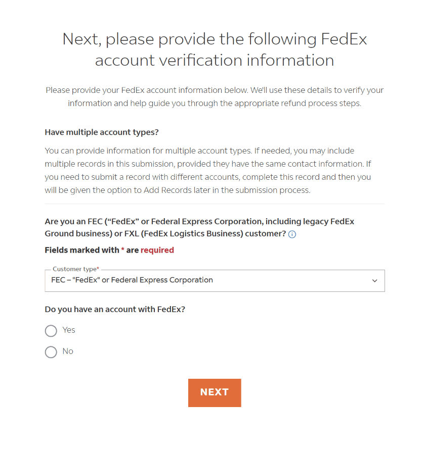 FECを選んだあとの画面。FedExのアカウントがあるかを聞くYesとNoの選択がある