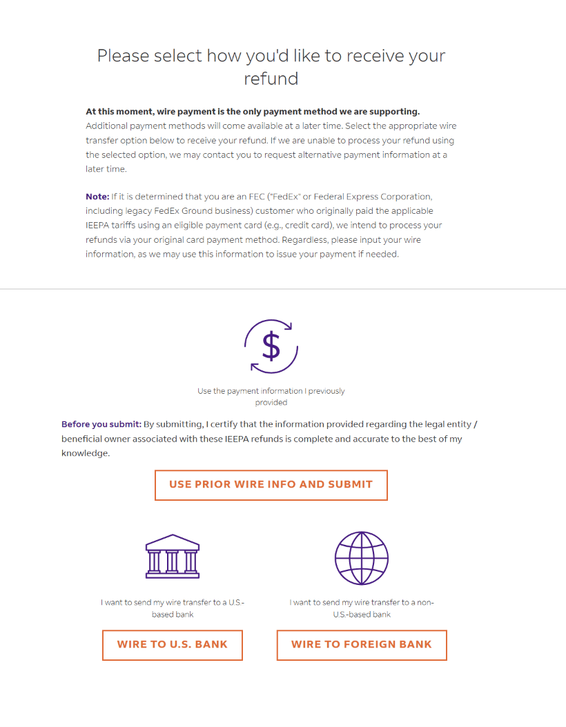 返金の受け取り方法を選ぶ画面。ワイヤーのみ対応との説明と、USE PRIOR WIRE INFO AND SUBMIT、WIRE TO U.S. BANK、WIRE TO FOREIGN BANKの3つのボタンがある