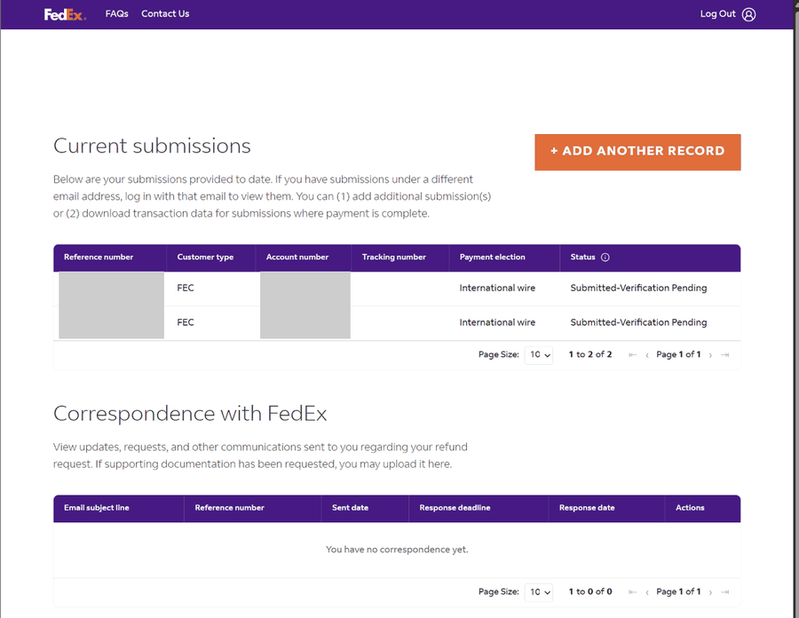 FedExの返金ポータルの「Current submissions」の画面。提出したレコードが一覧で表示され、状態はSubmitted-Verification Pending。下に「Correspondence with FedEx」の欄があり、「まだやりとりはありません」と表示されている。参照番号とアカウント番号は灰色で隠してある
