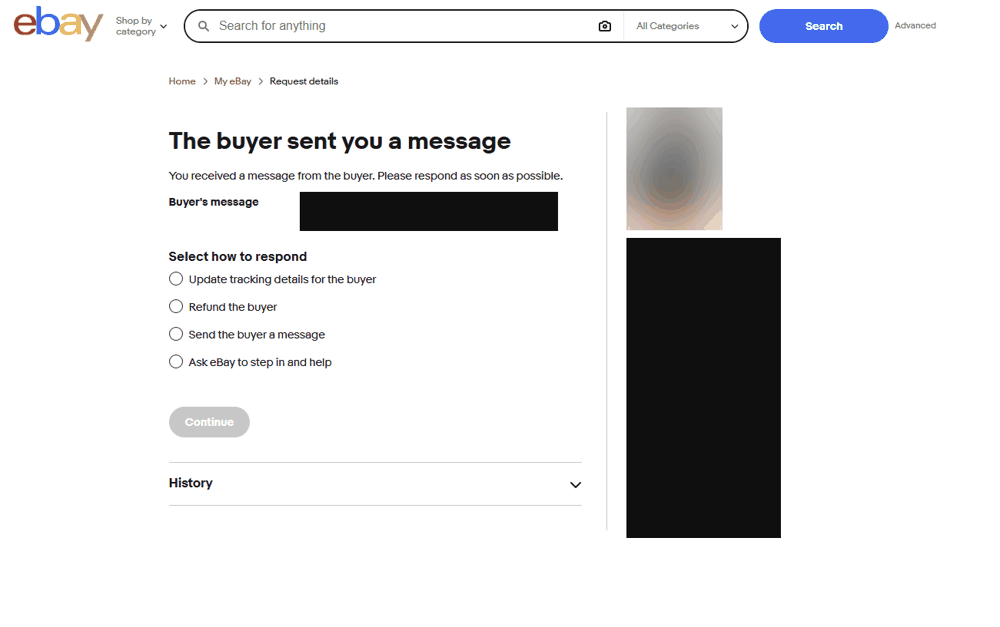 実際のケース詳細画面。The buyer sent you a messageという見出しの下に、Update tracking details for the buyer・Refund the buyer・Send the buyer a message・Ask eBay to step in and helpの4つの対応オプションが並ぶ