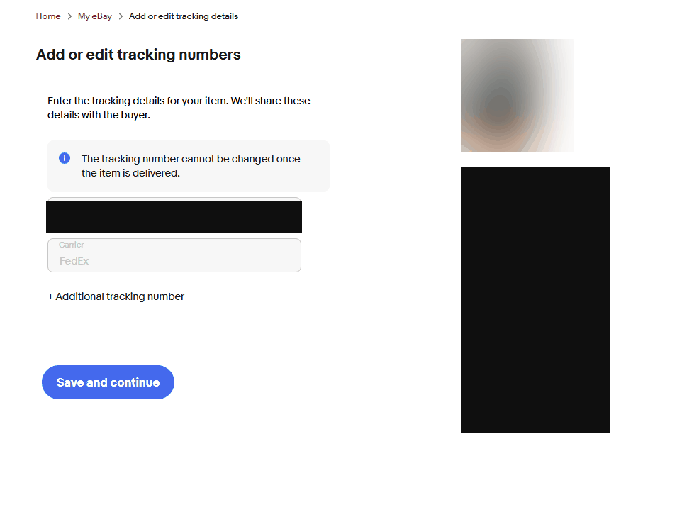 実際の追跡番号入力画面。Add or edit tracking numbersの見出しの下に、追跡番号を入力する欄と配送業者(Carrier)を選ぶ欄があり、The tracking number cannot be changed once the item is delivered.という注意書きがある